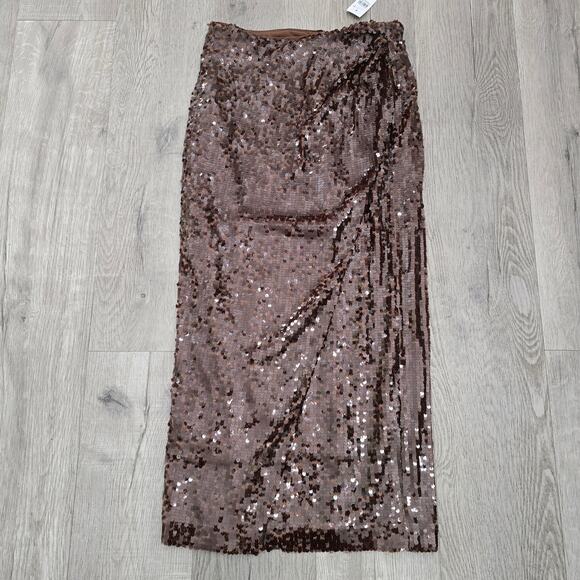 LOFT NWT Sequin Wrap Maxi Skirt Size 4 Brown Sparkle Evening Holiday Party Glam - Picture 2 of 6